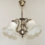 Vintage French 5 Light Silver Metal Chandelier With Patterned Glass Shades 4536