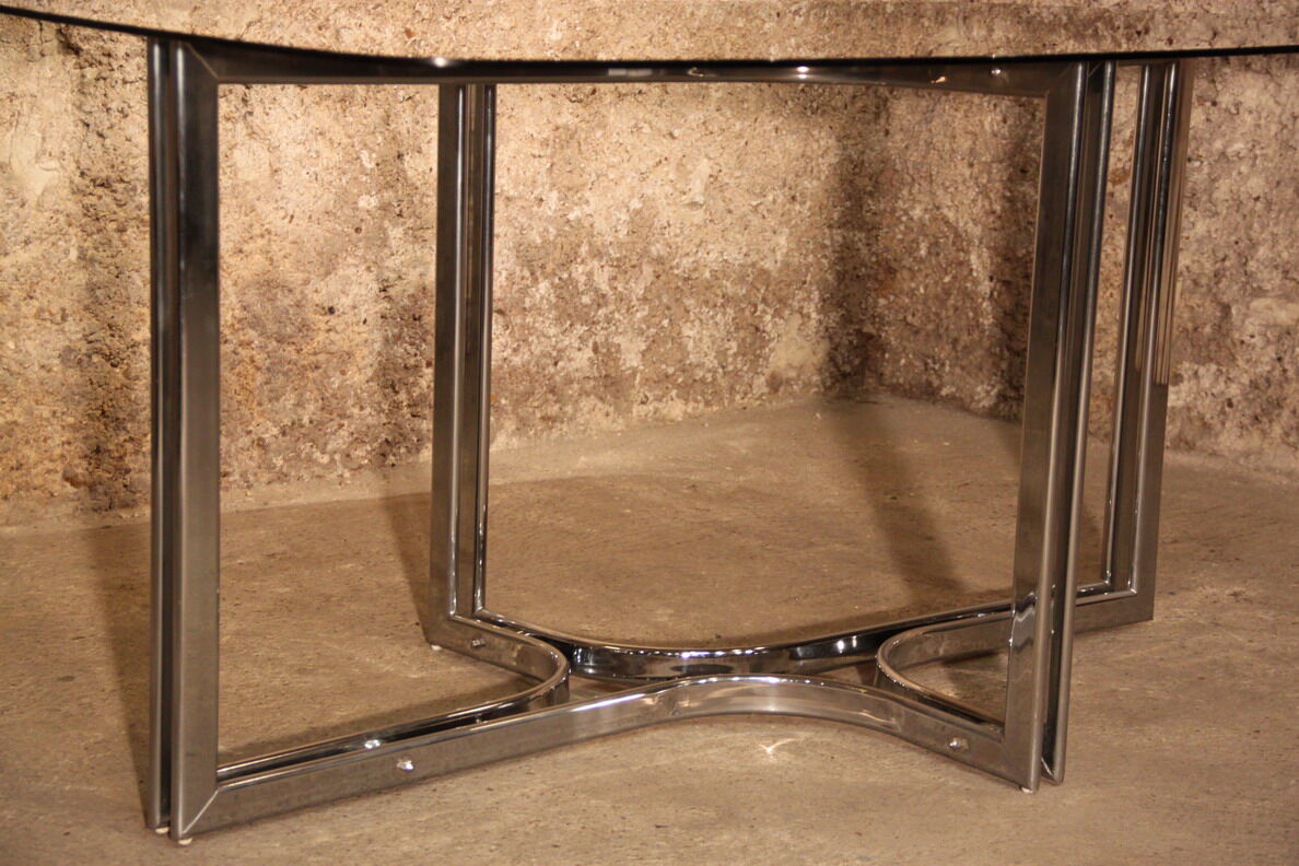 Dining table glass smoke base chromed metal 1970