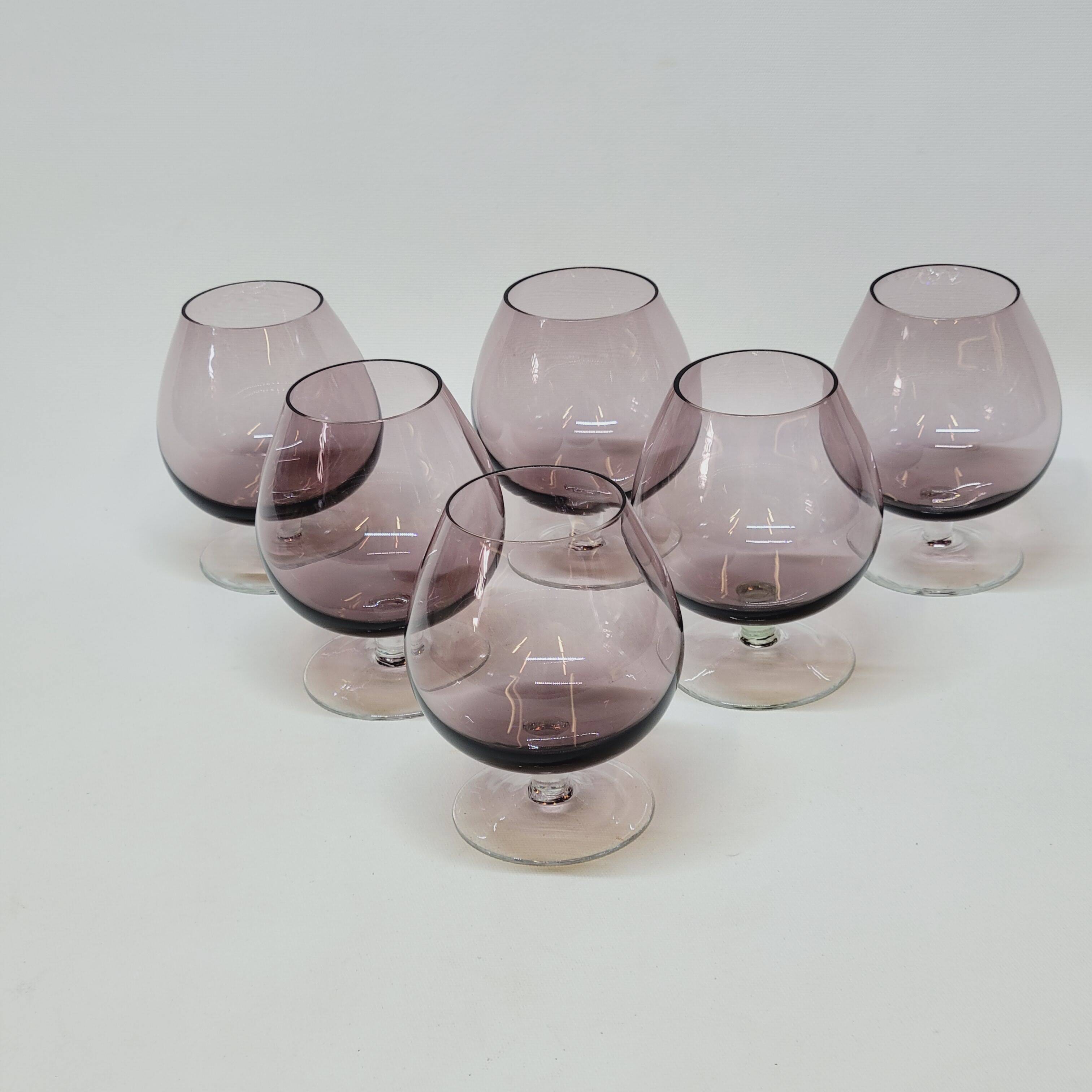 6 Antique Plum-Colored Crystal Cognac Glasses