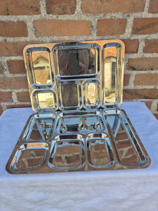 Pair of flat stainless steel serving trays