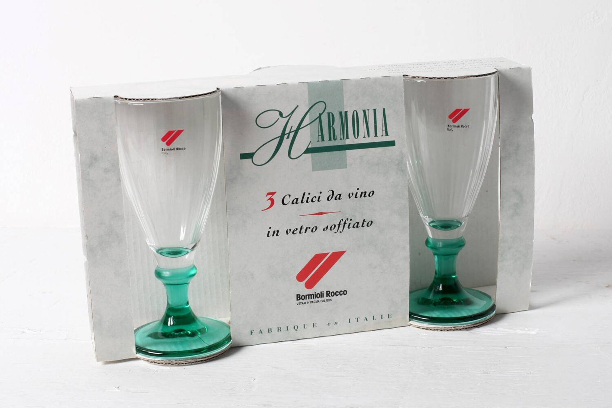 Set of 3 Vintage Bormioli Rocco Wine Glasses: Green Stem Harmonia Flutes