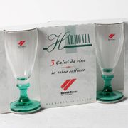 Set of 3 Vintage Bormioli Rocco Wine Glasses: Green Stem Harmonia Flutes