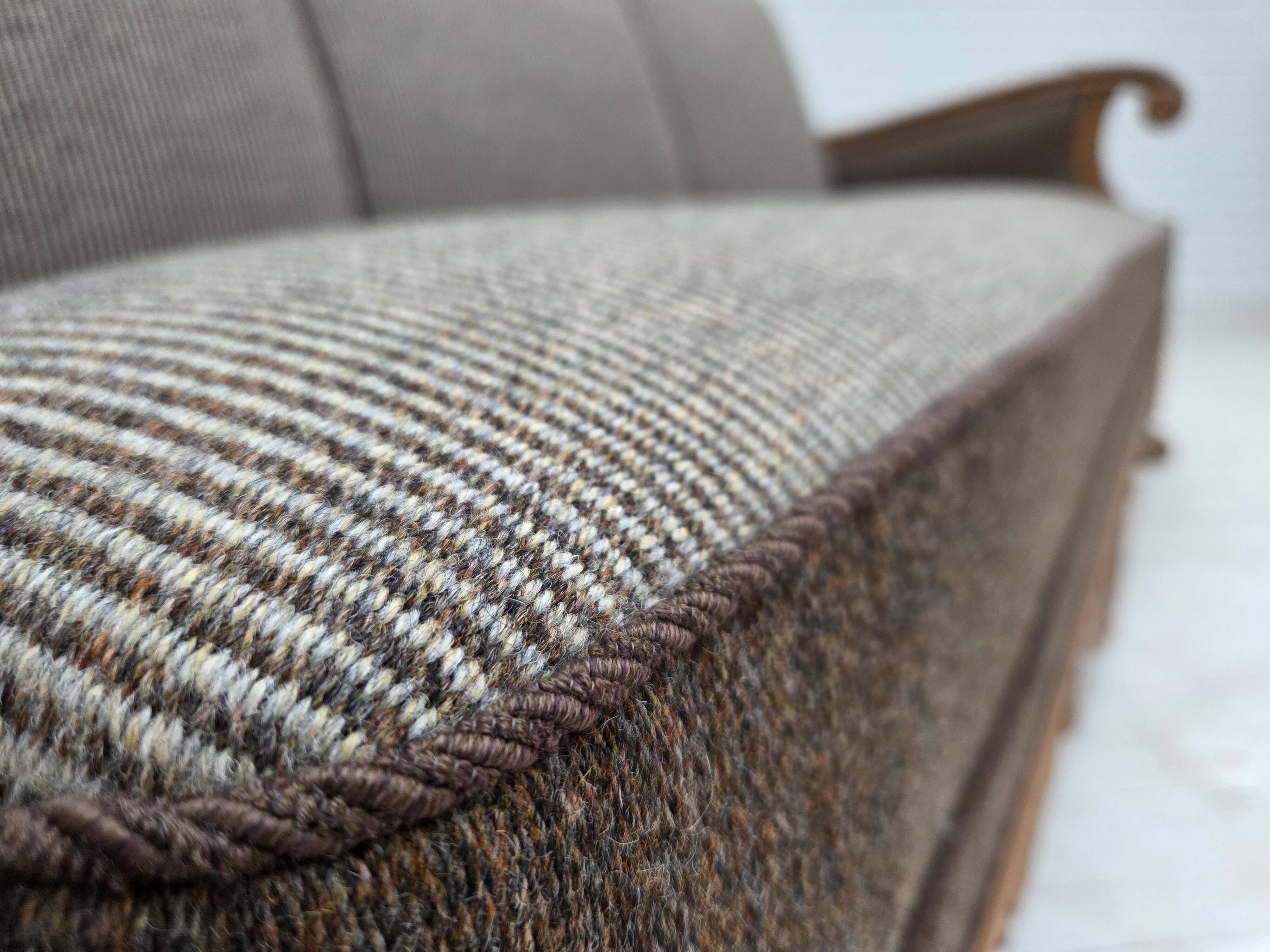 1950s, Danish 3-seater sofa, furniture wool, solid carved oak wood.