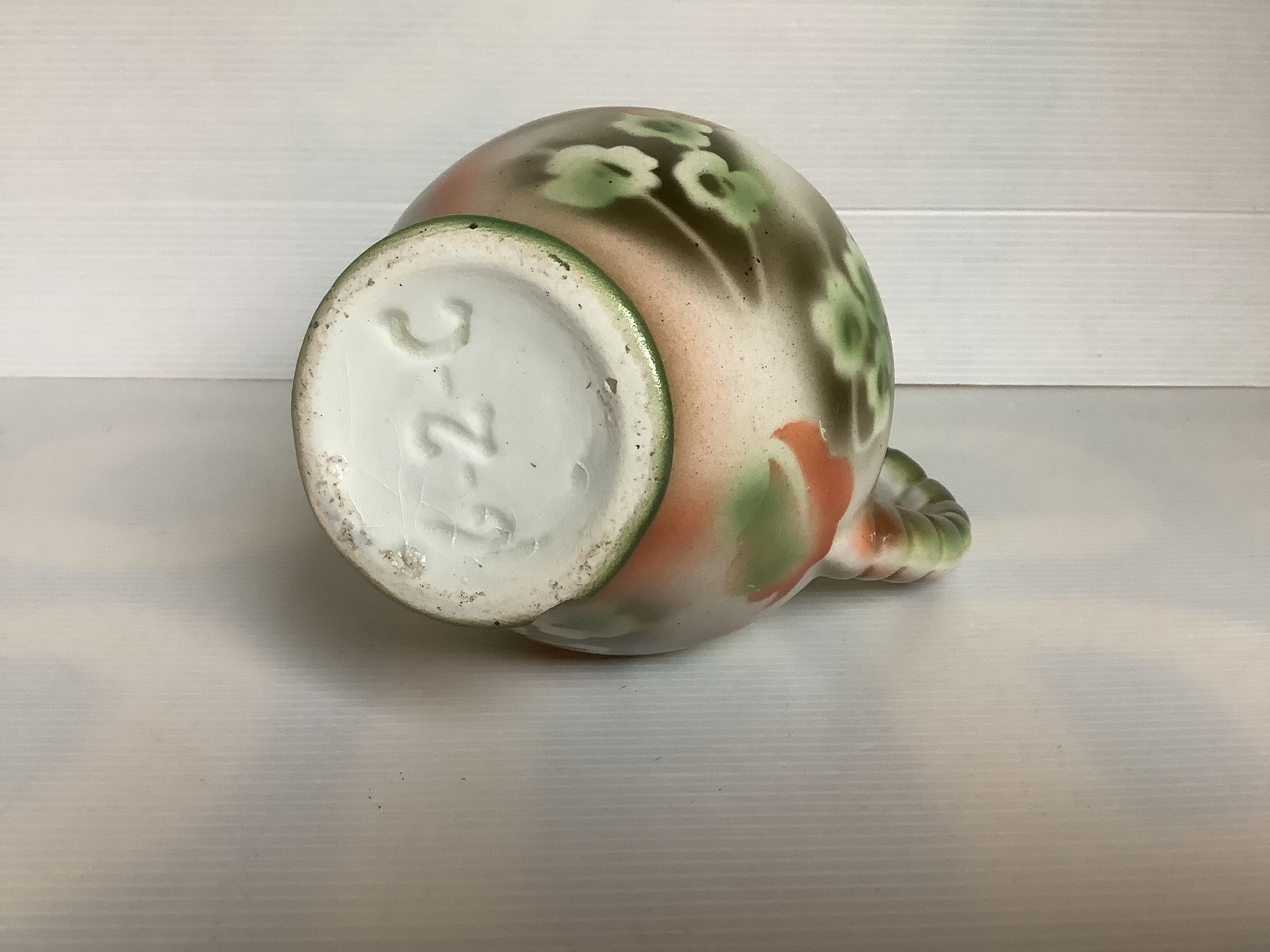 Old vase jug shape green and orange flowers