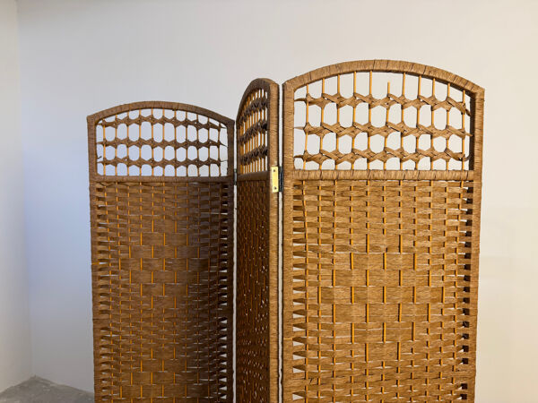 Paravent vintage en rotin et osier tressé – 3 panneaux – années 1970