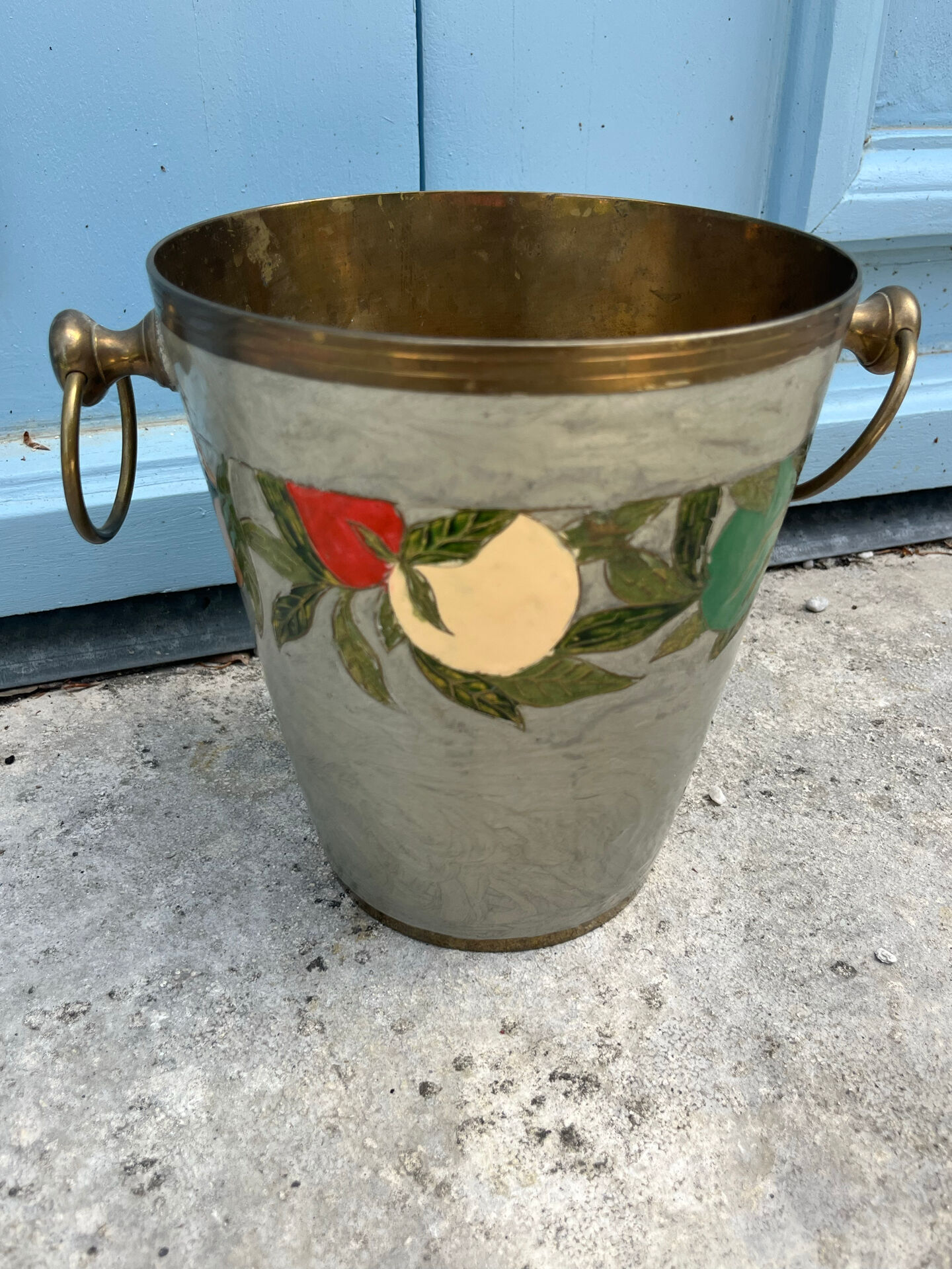 French Cloisonné Champagne Bucket with Fruit Garland & Brass Handles