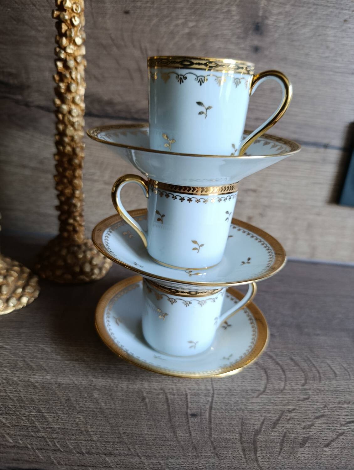 3 litre cups and saucers Empire gilded porcelain, Limoges 1950