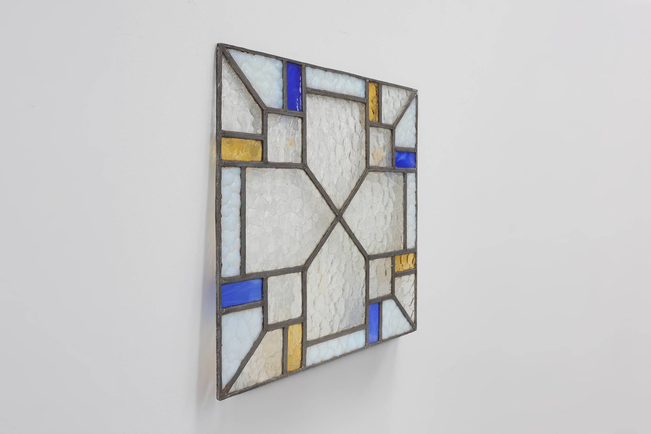 Art Deco Leaded Glass Panel with Geometric Cross Motif, Belgium, Circa 1920