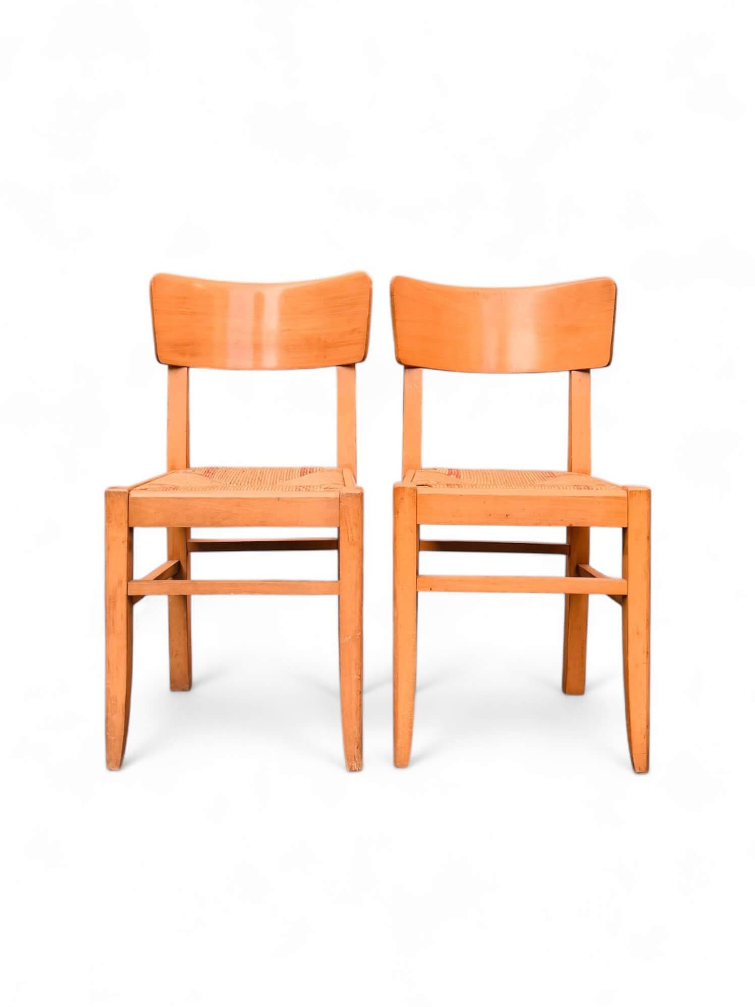 2 vintage beech chairs, straw seats