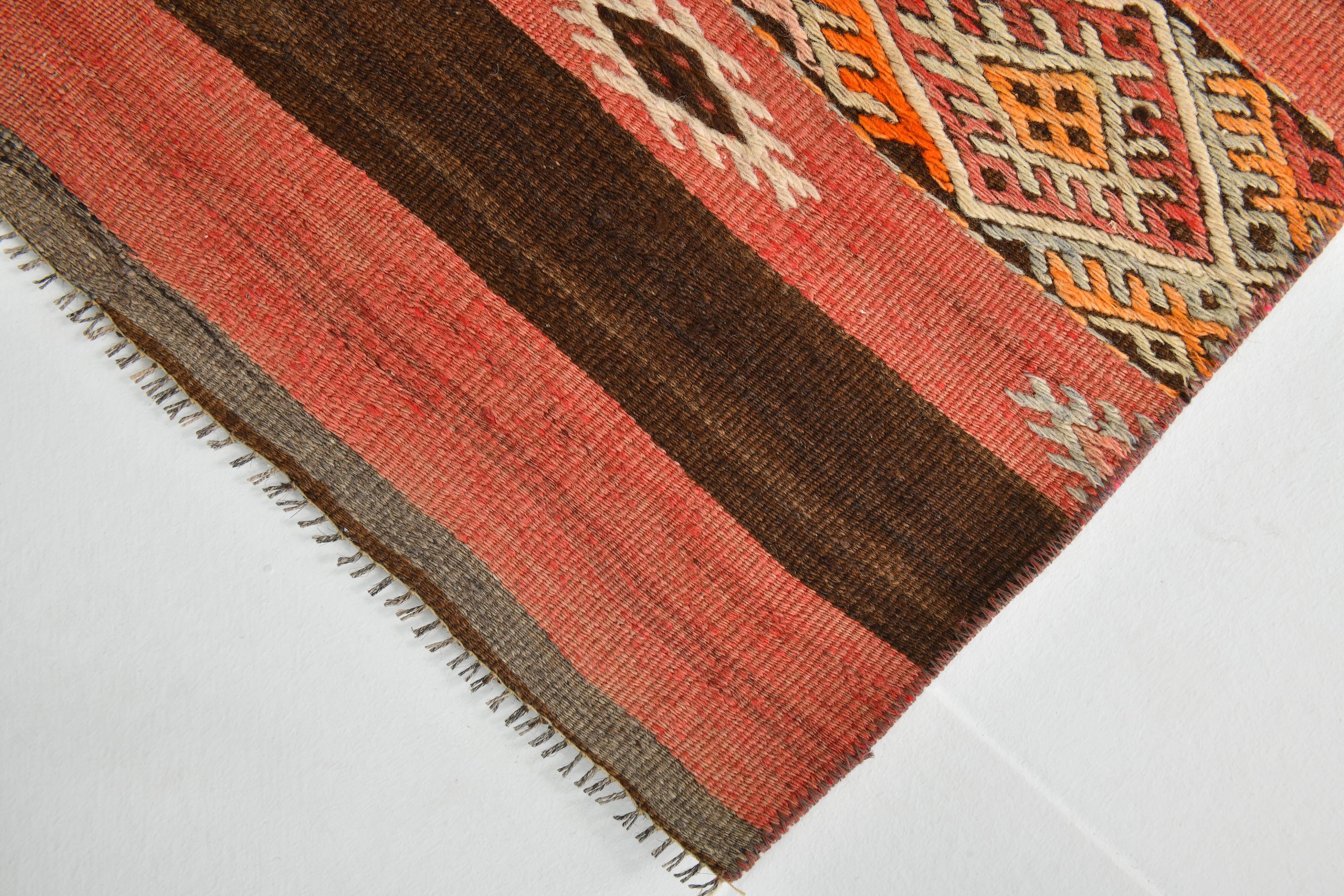 Turkish Red & Brown Striped Vintage Kilim Rug, 87x127Cm