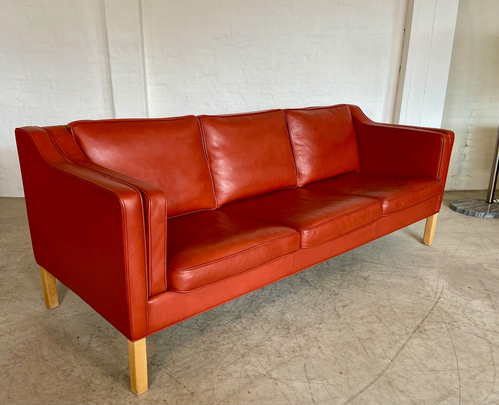 Vintage Danish mid-century Mogens Hansen 3 person cognac leather sofa