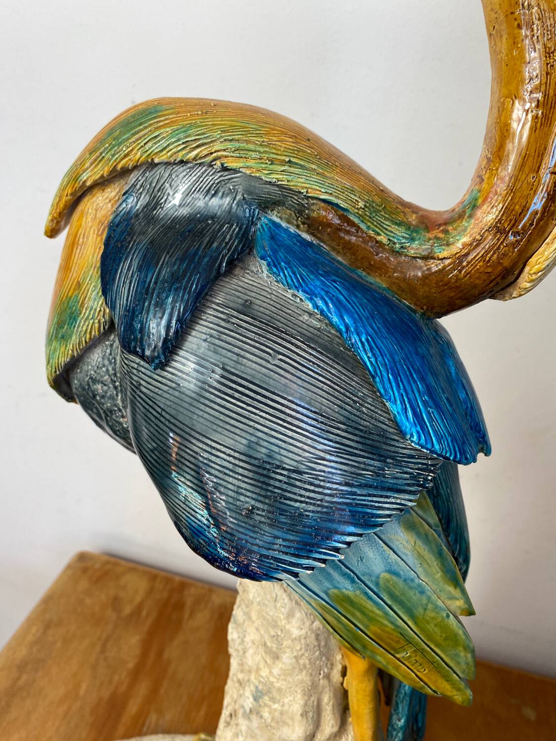 Large ceramic wading bird signed Thimo