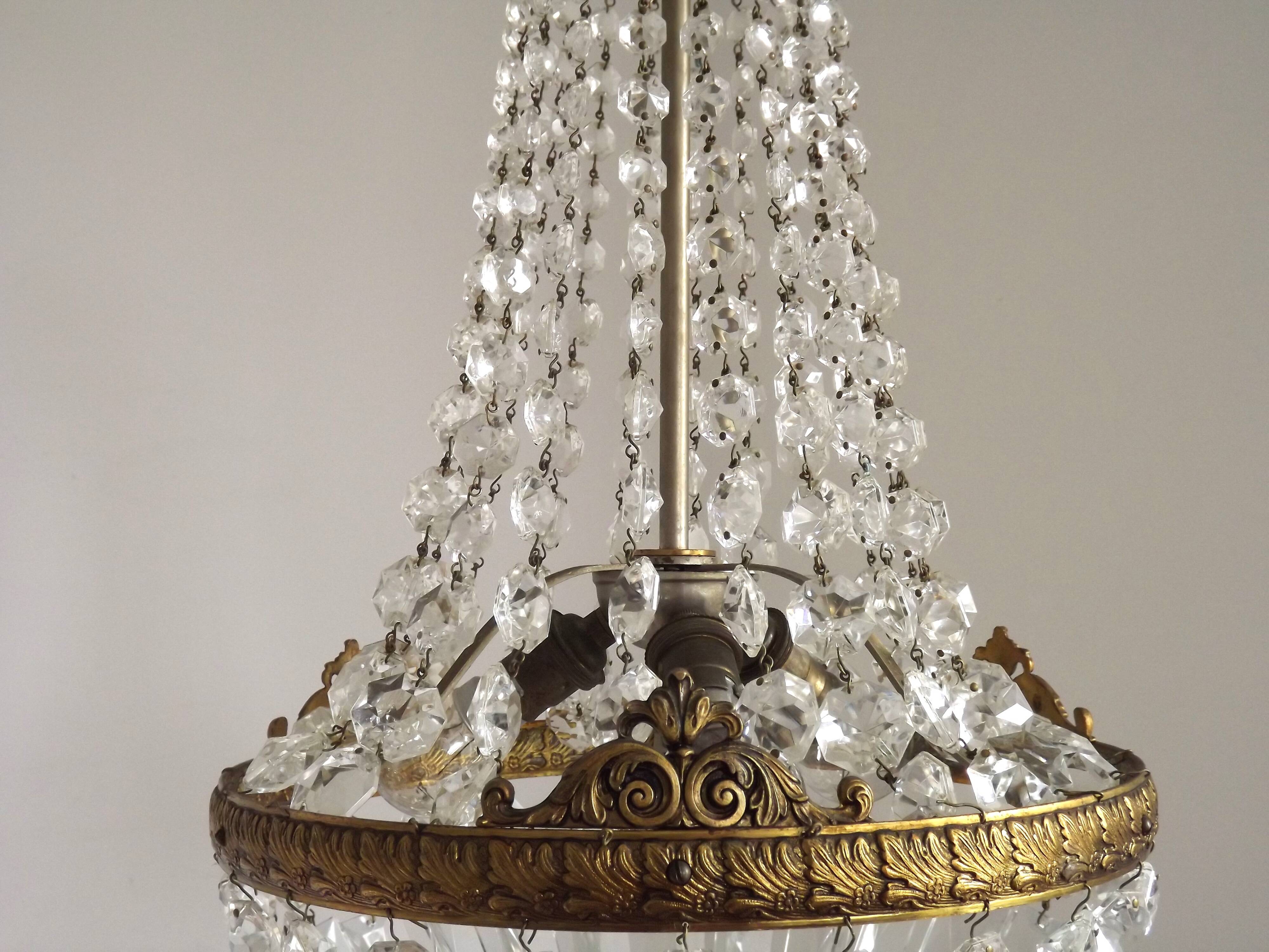 French Empire Style 3 Light Bronze Montgolfier Crystal Basket Chandelier