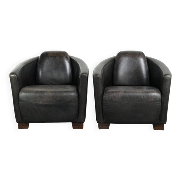Ensemble vintage de 2 fauteuils en cuir de vachette au design Aviateur.