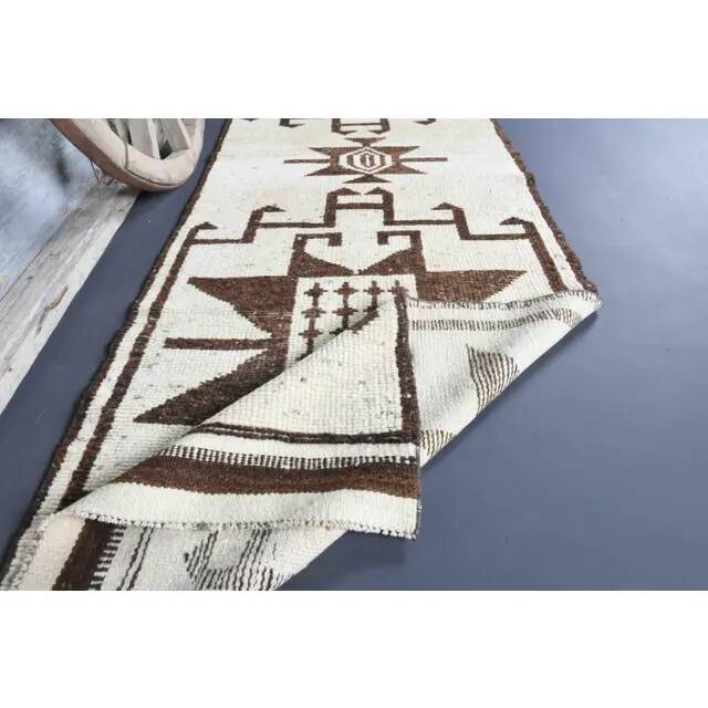 Vintage Turkish Oushak handmade wool cotton white runner rug 100x350