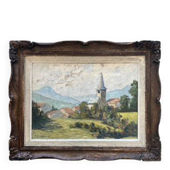 Tableau HSP "Village view with bell tower" signed + frame