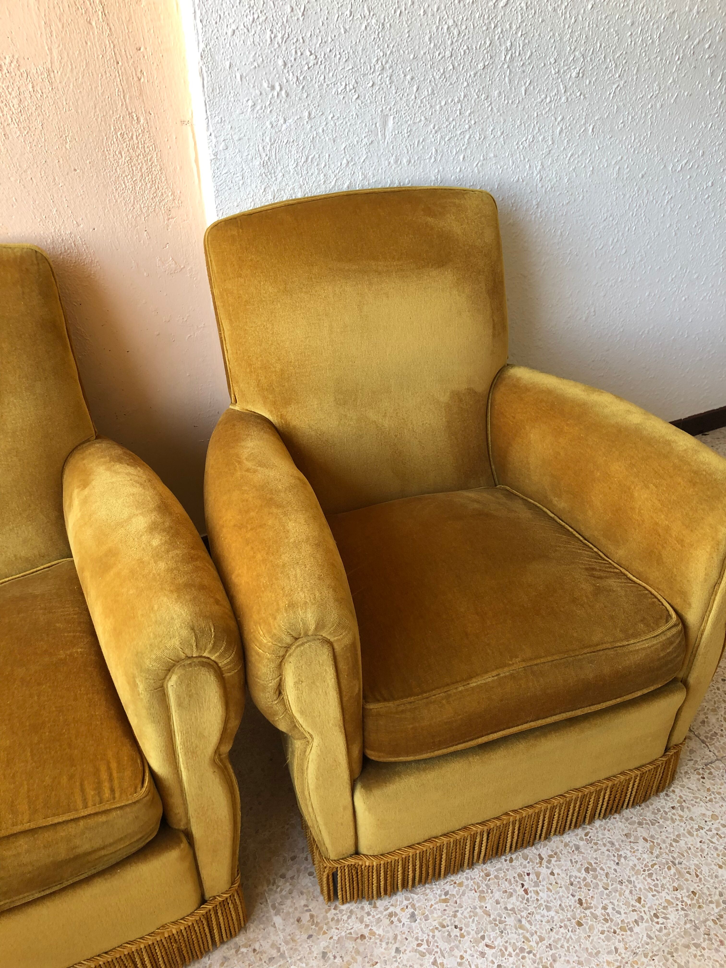 Pair of vintage yellow velvet armchairs