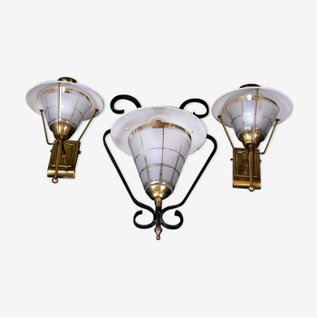Mid-Century Brass, Black Metal and Opaline Gilt Glass Lantern and sconces, Maison Lunel, France