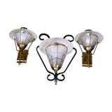 Mid-Century Brass, Black Metal and Opaline Gilt Glass Lantern and sconces, Maison Lunel, France