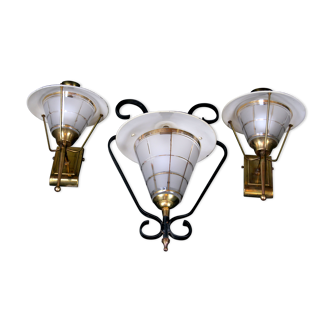 Mid-Century Brass, Black Metal and Opaline Gilt Glass Lantern and sconces, Maison Lunel, France