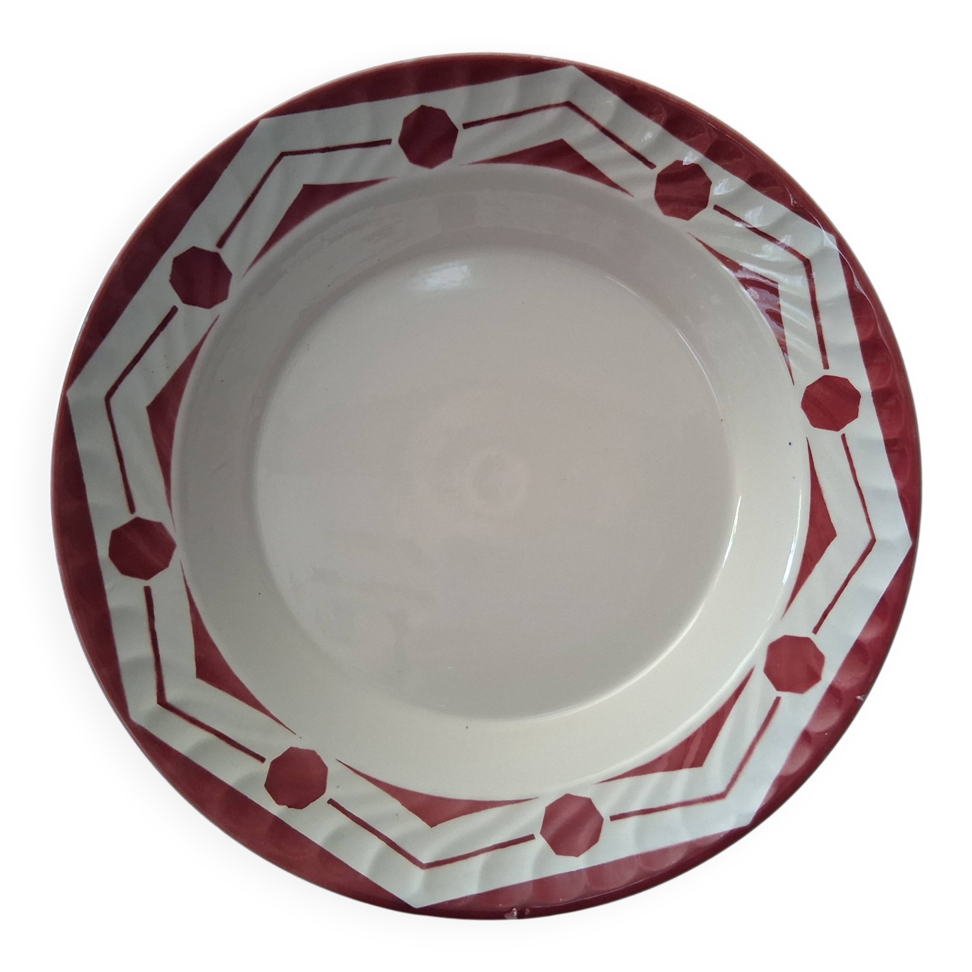 Large deep plate chives Digoin Sarreguemines art deco geometric