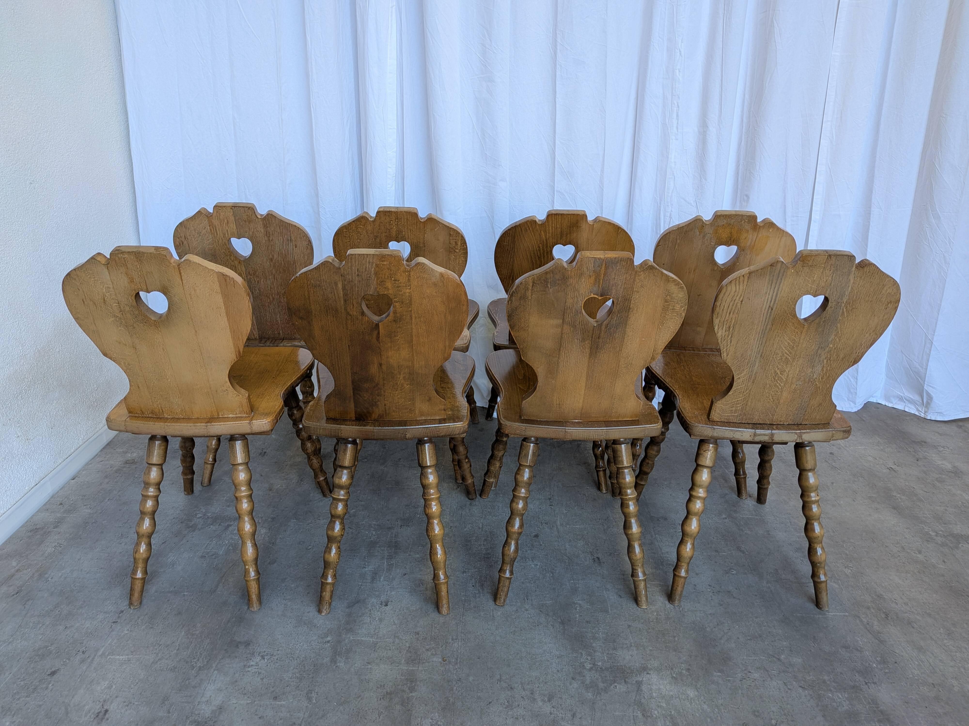 Set of 8 Vintage Tyrolean Heart Cutout Wooden Dining Chairs / Darker Brown