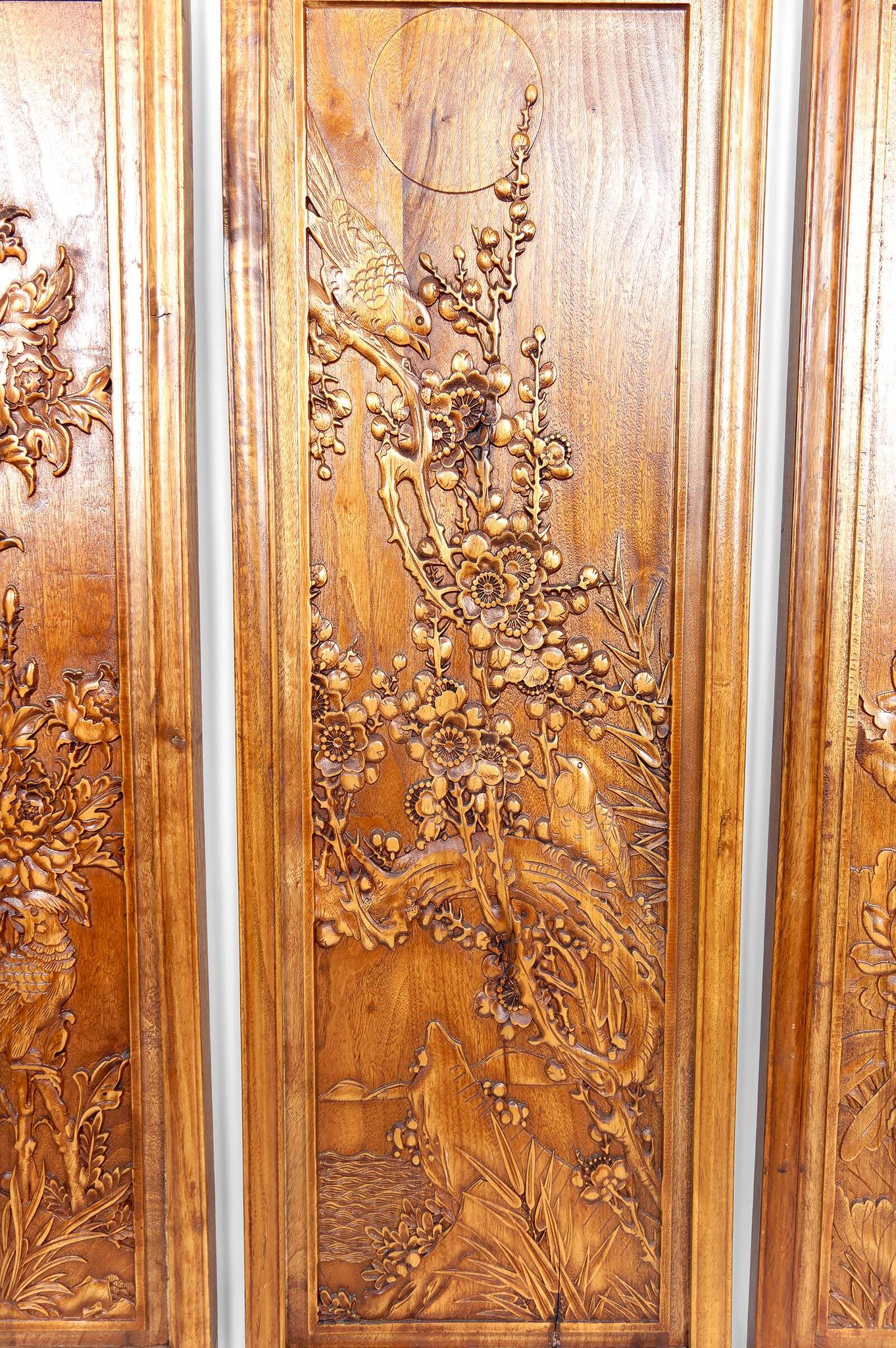 3 carved wooden panels, floral and animal decorations, Indochina