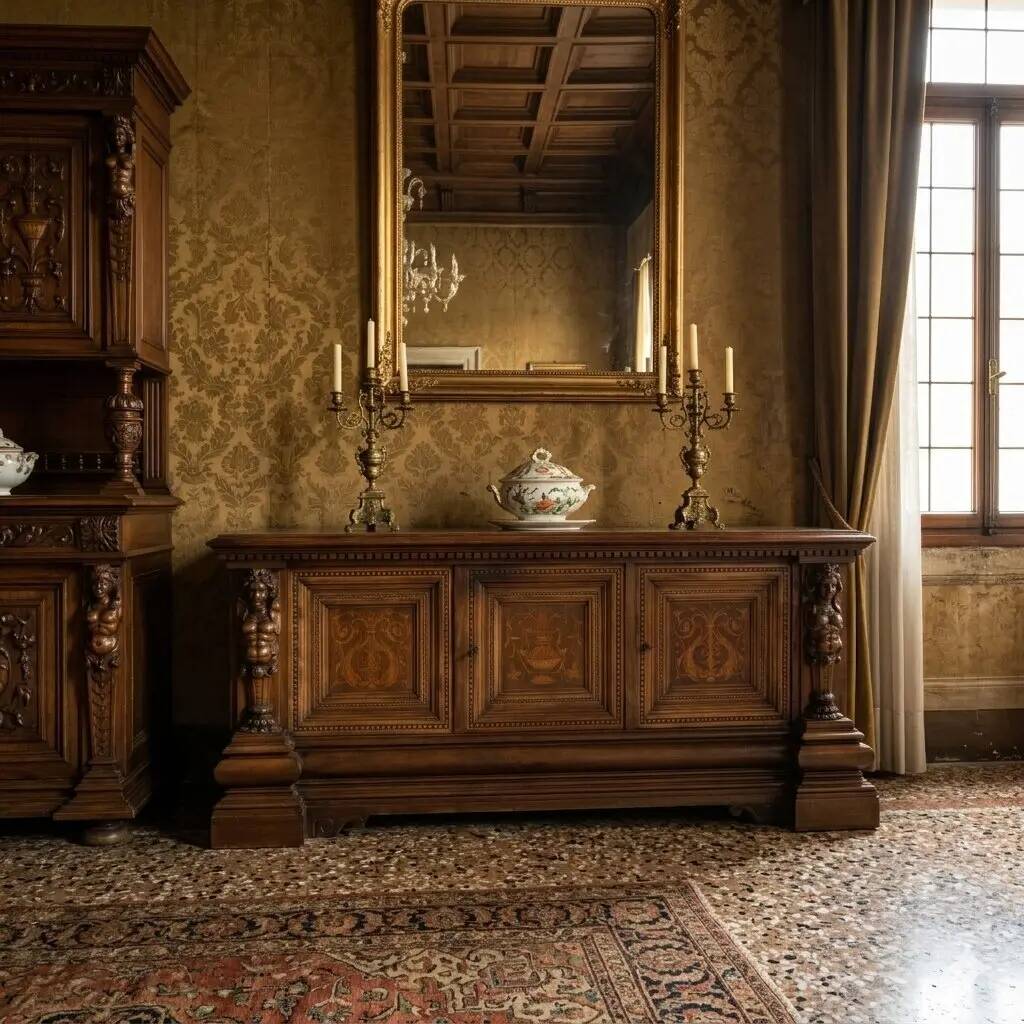Buffet ancien néo-Renaissance en noyer avec incrustations d’érable, XXe siècle