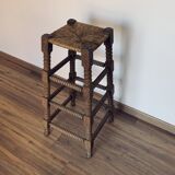 Stool high straw wood turned
