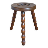 Tabouret tripode en bois tourné massif vintage