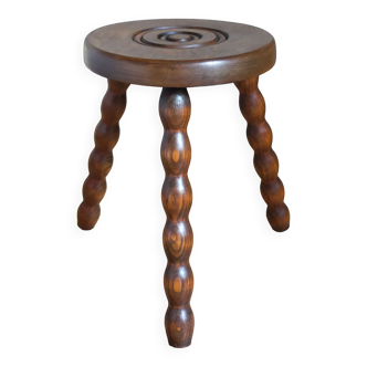 Tabouret tripode en bois tourné massif vintage