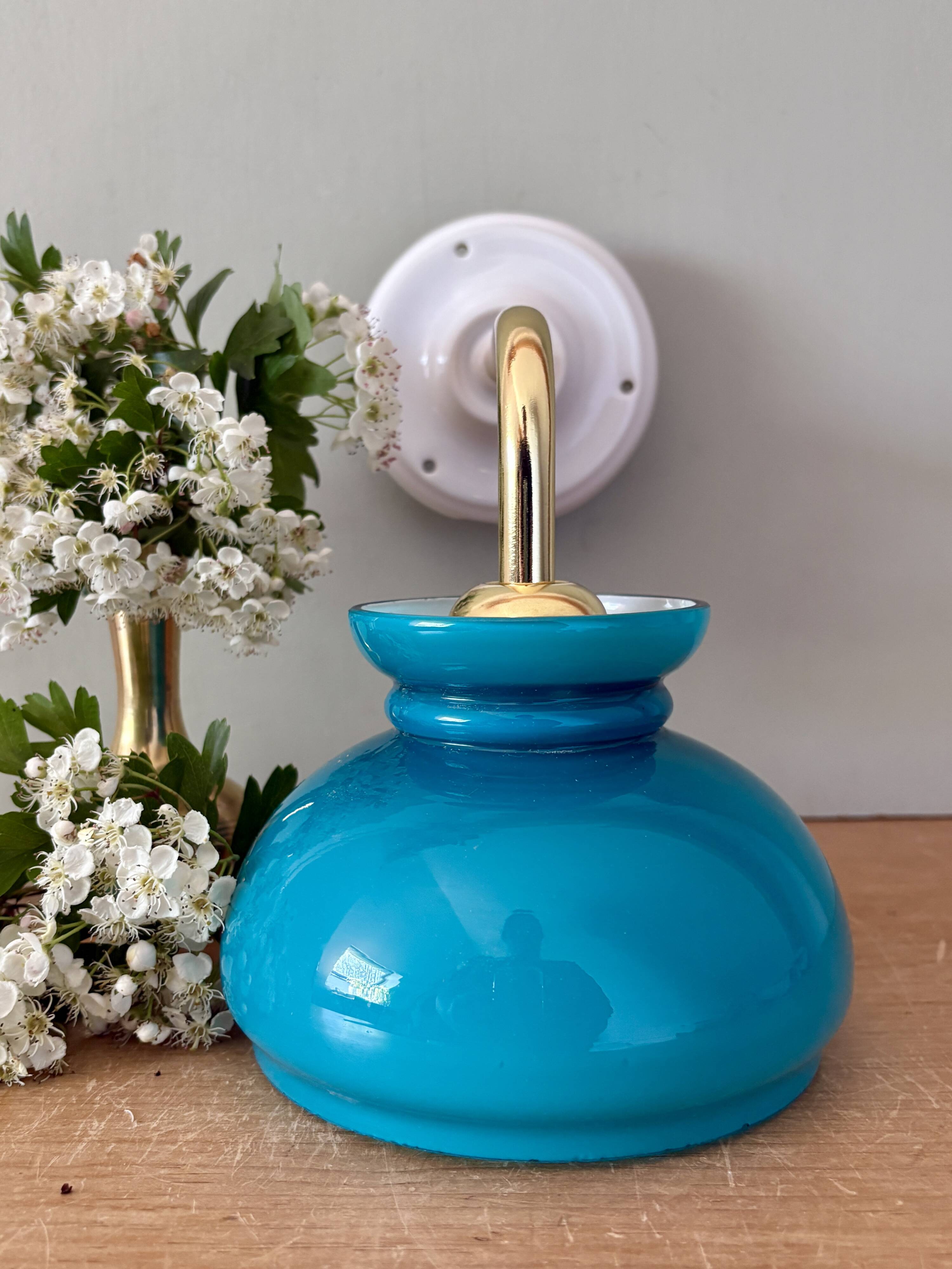 Vintage angled globe wall light in blue opaline