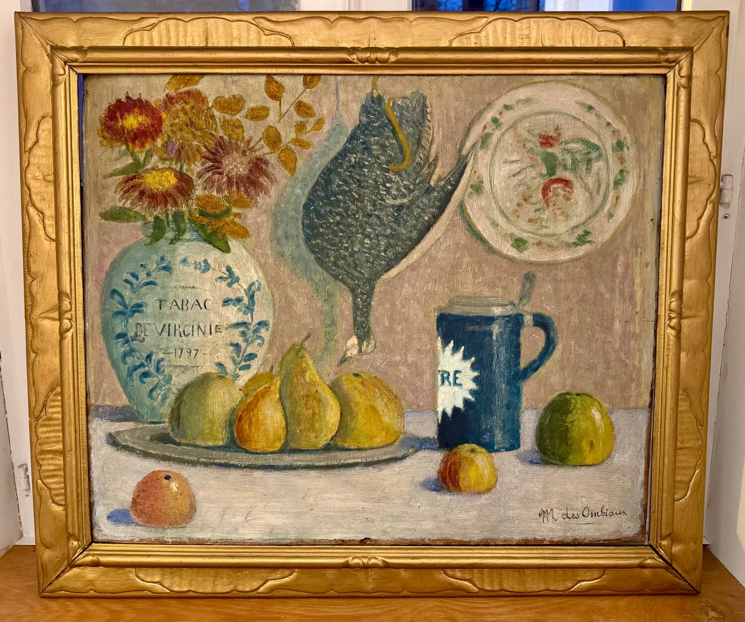 Still life with fruits, flowers and pheasant signed 20th century