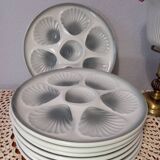 8 white/grey-blue shell/oyster plates, Moulin des Loups Orchies, France