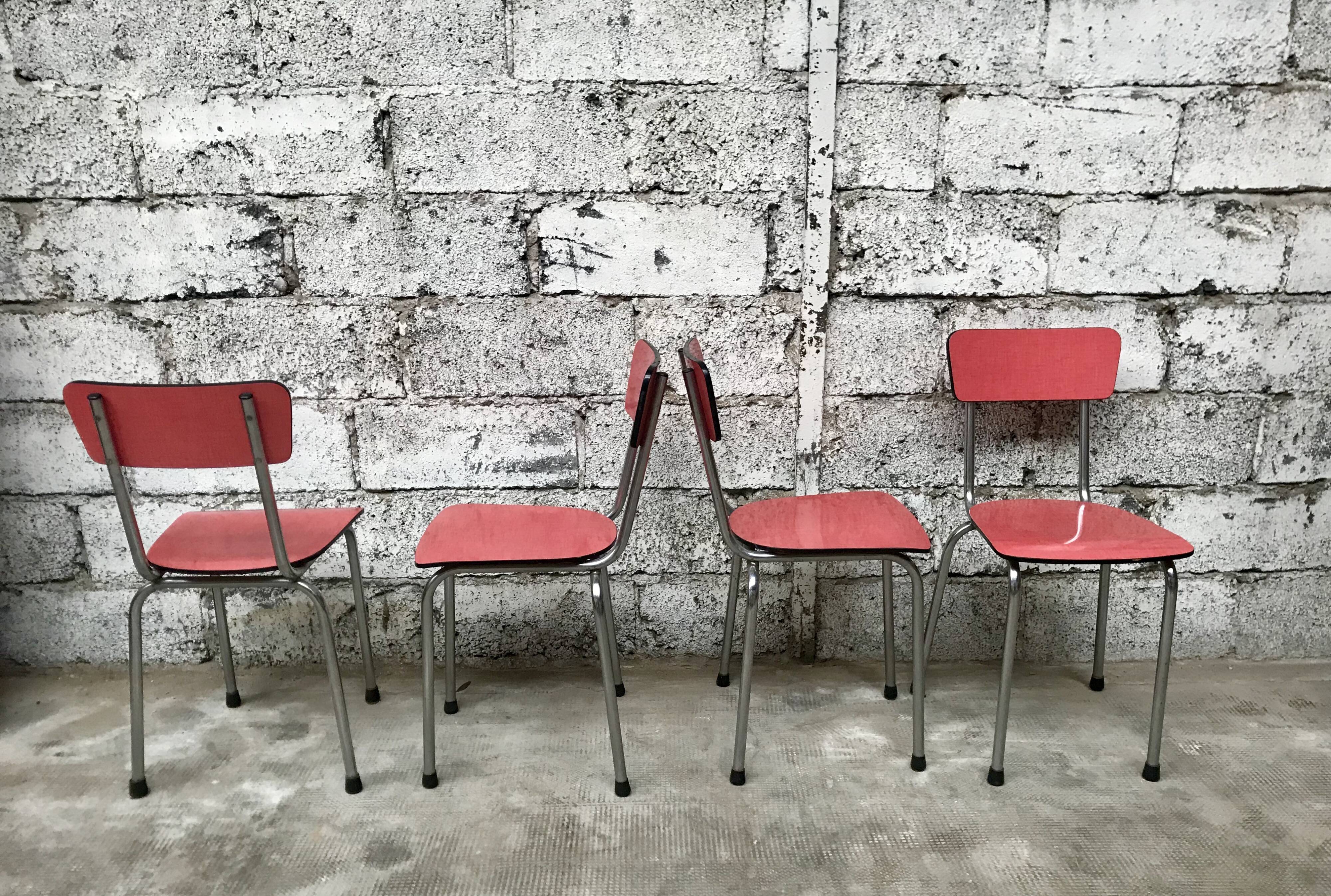 Series of 4 chairs in red formica and chrome 1950