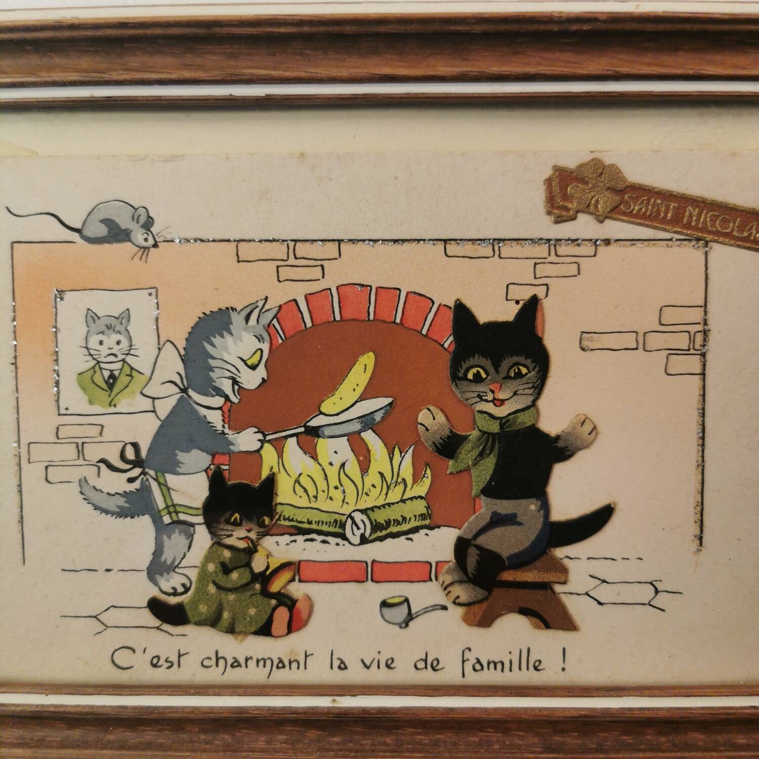 Small frame old postcard early 20th century little humanist cats st nicolas christmas
