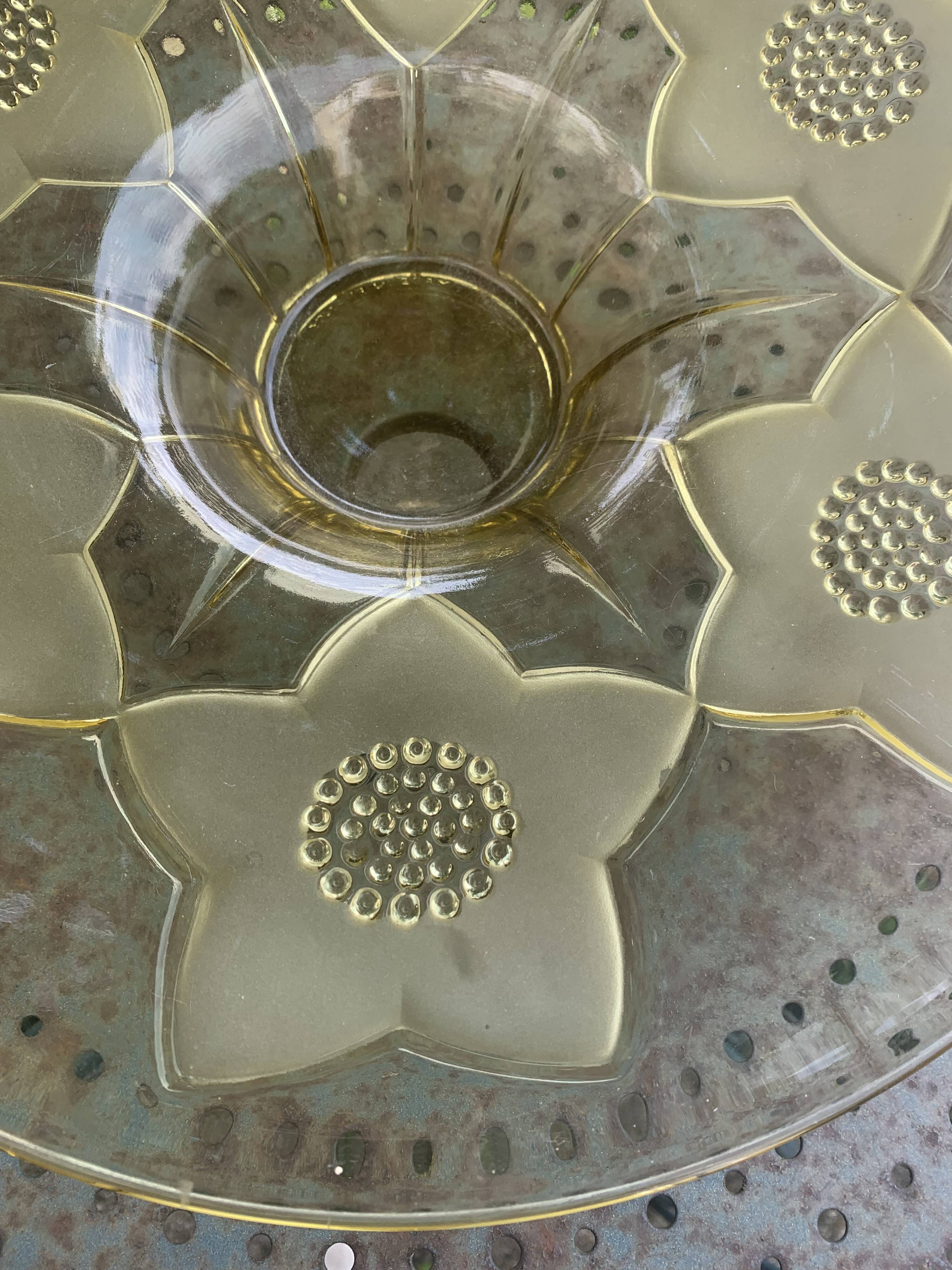 Large glass and frosted glass fruit bowl, yellow, floral pattern
