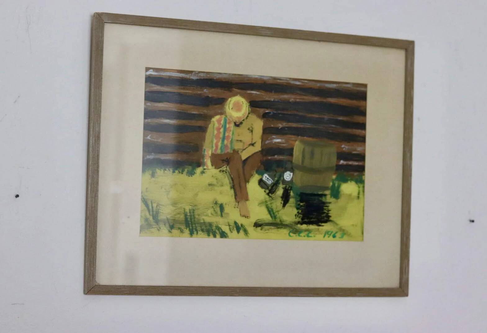 Peinture à l'huile sur panneau suédoise « Homme assis » 1963