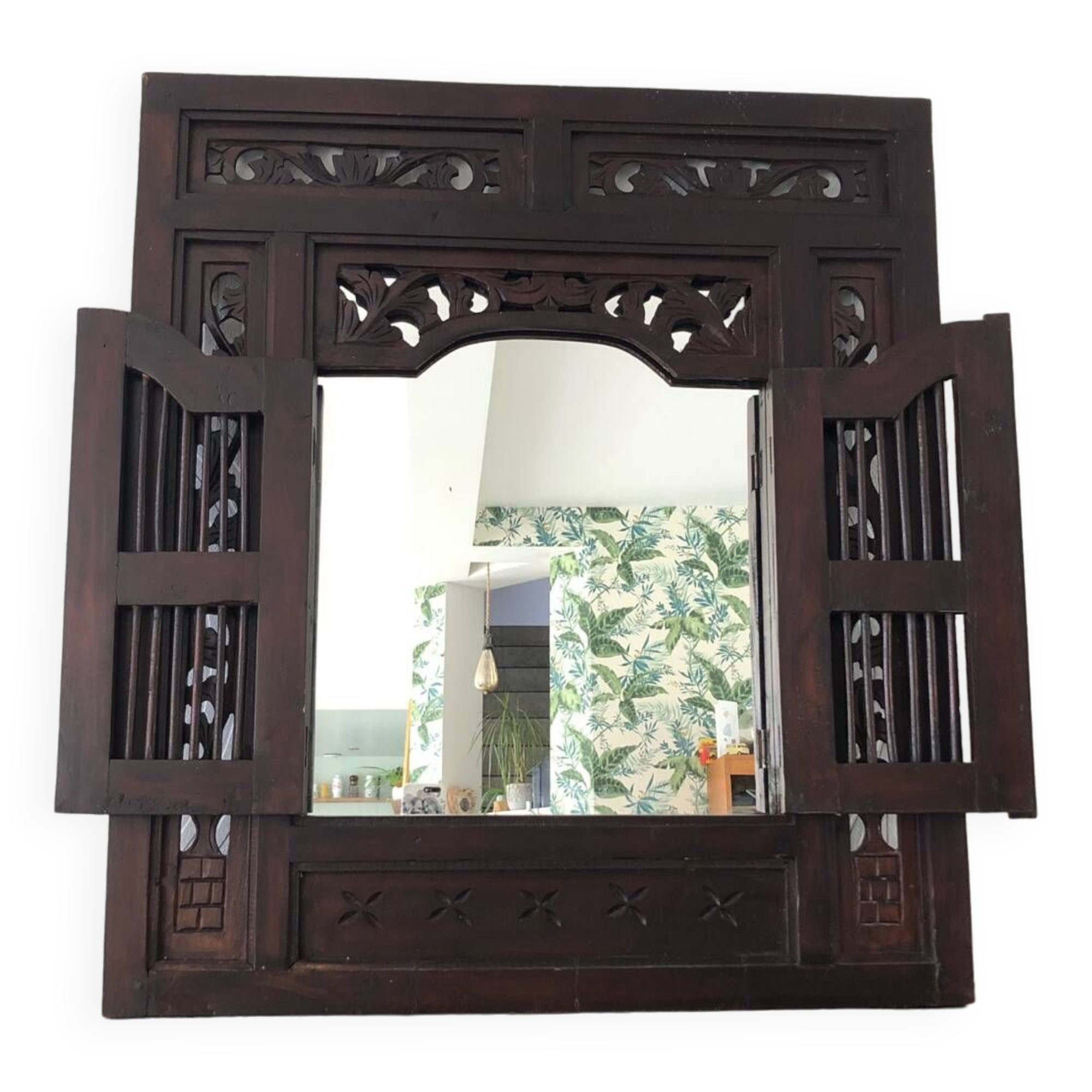Vintage Indonesian teak shuttered mirror