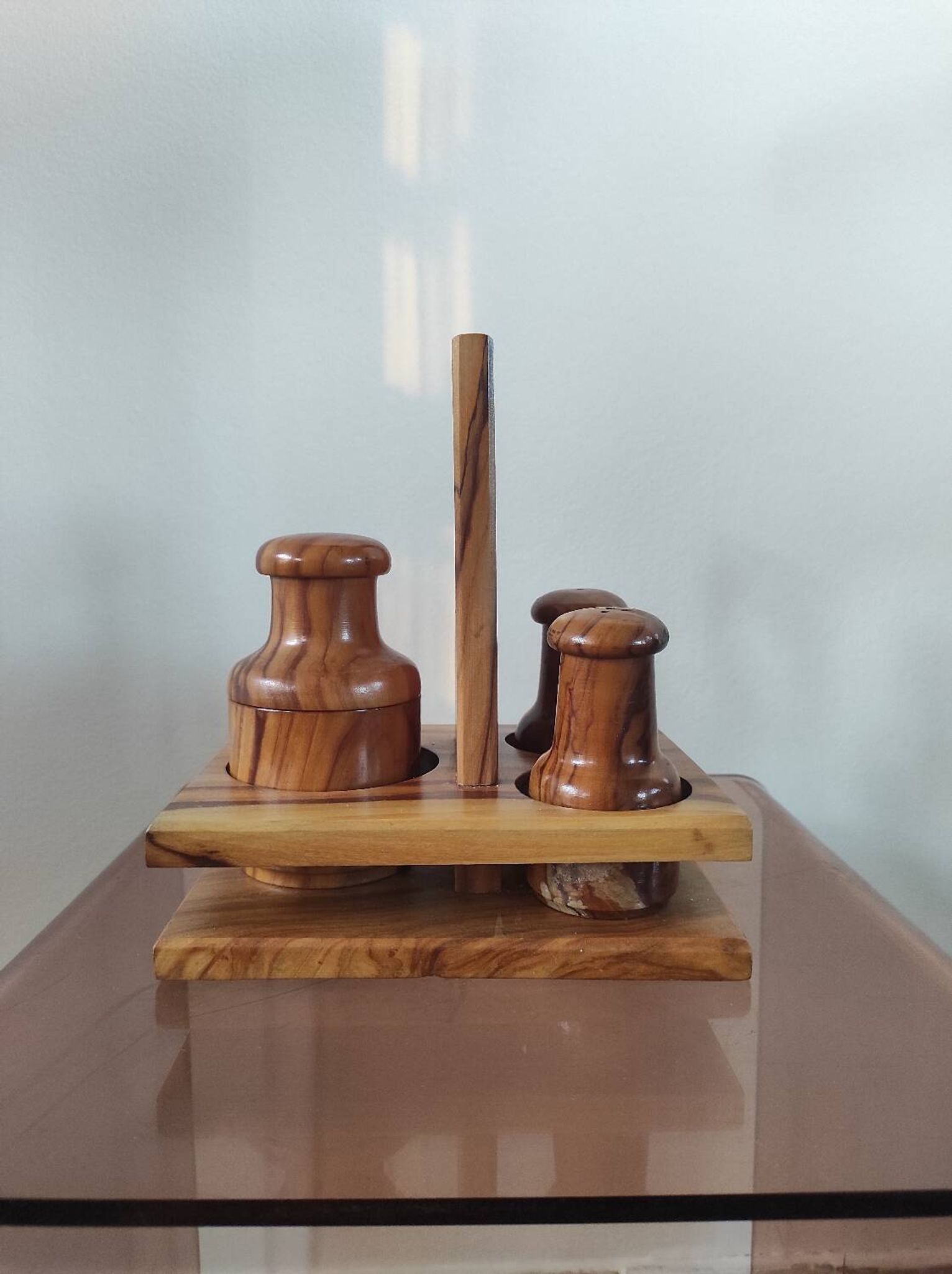 Vintage olive wood condiment service