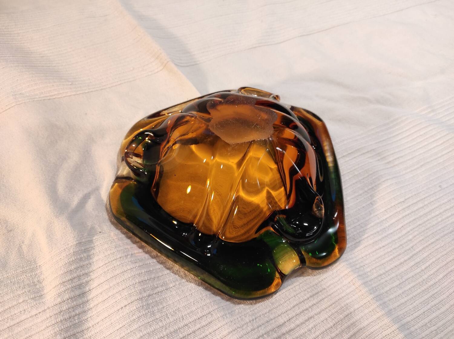 Murano green and yellow blown glass ashtray, 1970