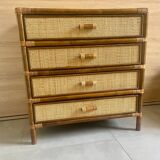 Vintage 4-drawer chest of drawers from 1970, rattan and bamboo, excellent condition.