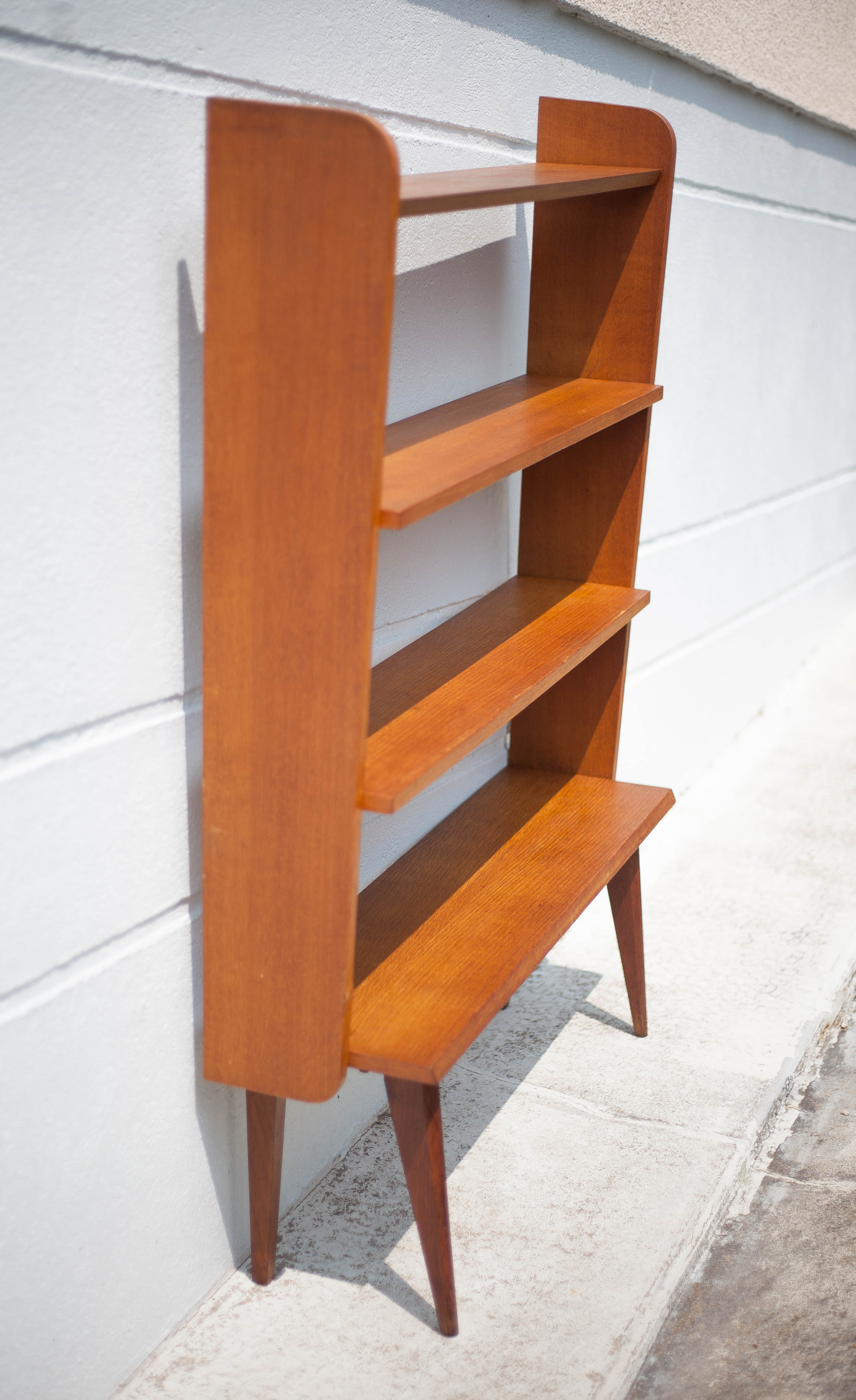 Wood bookcase shelf, wooden shelf on compass legs, storage unit, decoration