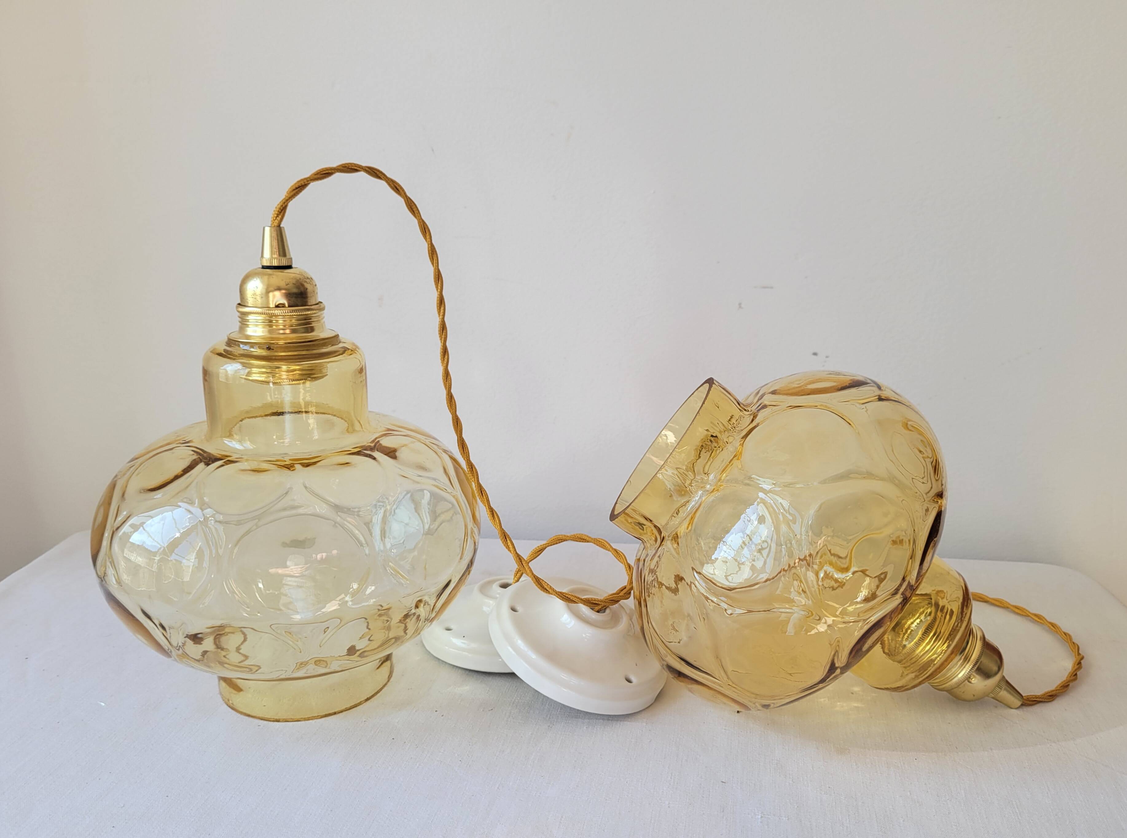 Duo of amber glass pendant lights