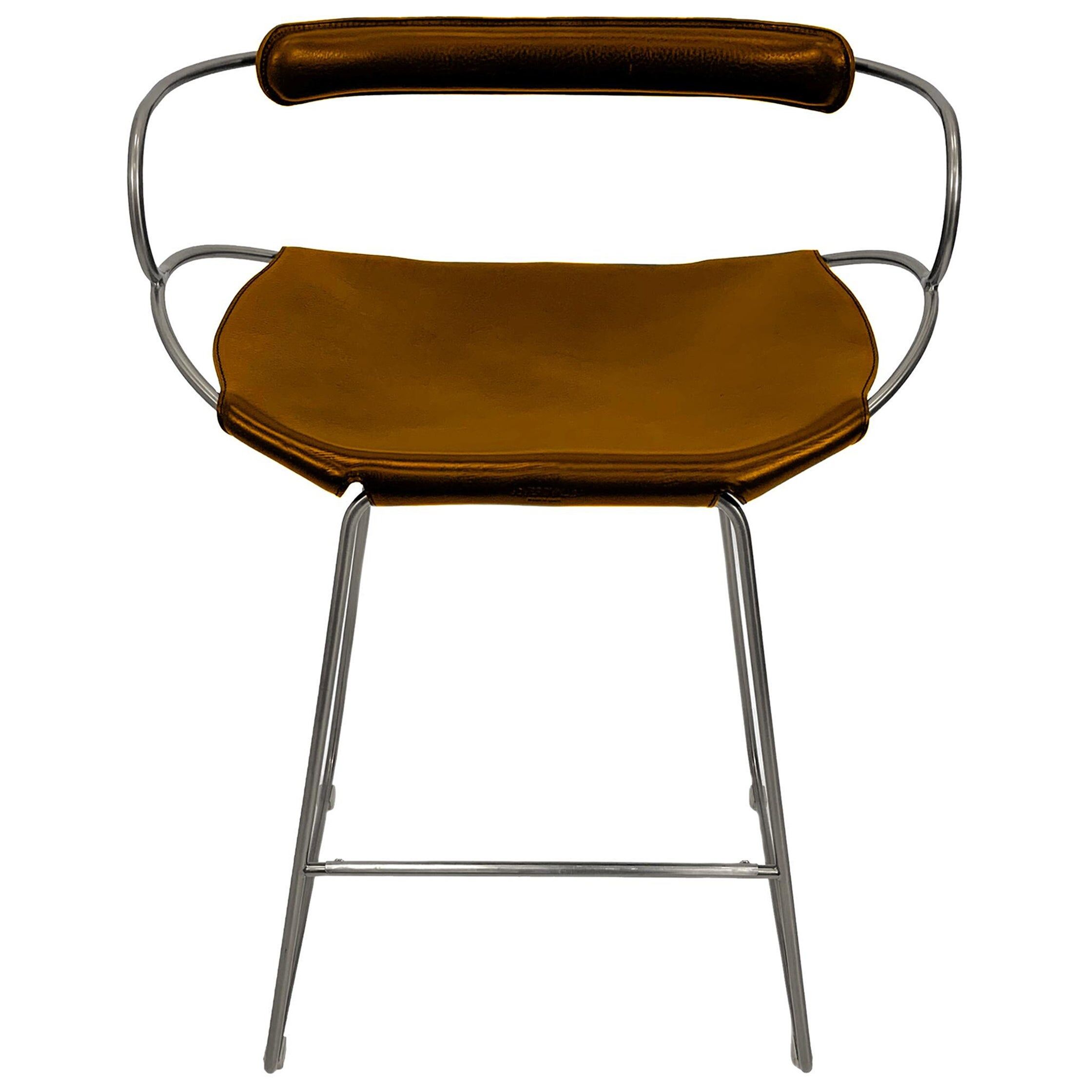 Bar stool with a back, aged silver metal and natural tobacco leather, organic design.