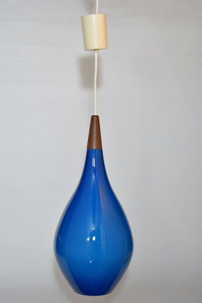 Holmegaard pendant lamp large model in blue blown glass and teak, Denmark, Poulsen