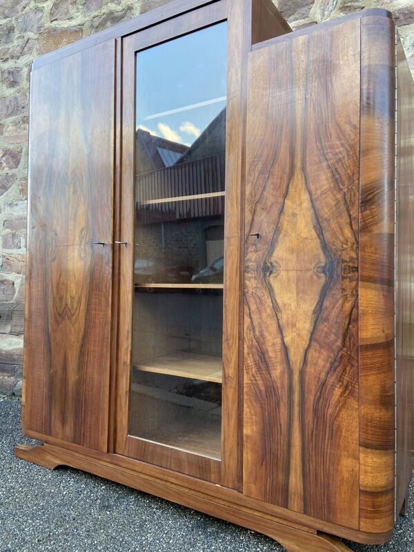 Vitrine bibliothèque art-déco mid-century vintage 1950 ronce de noyer