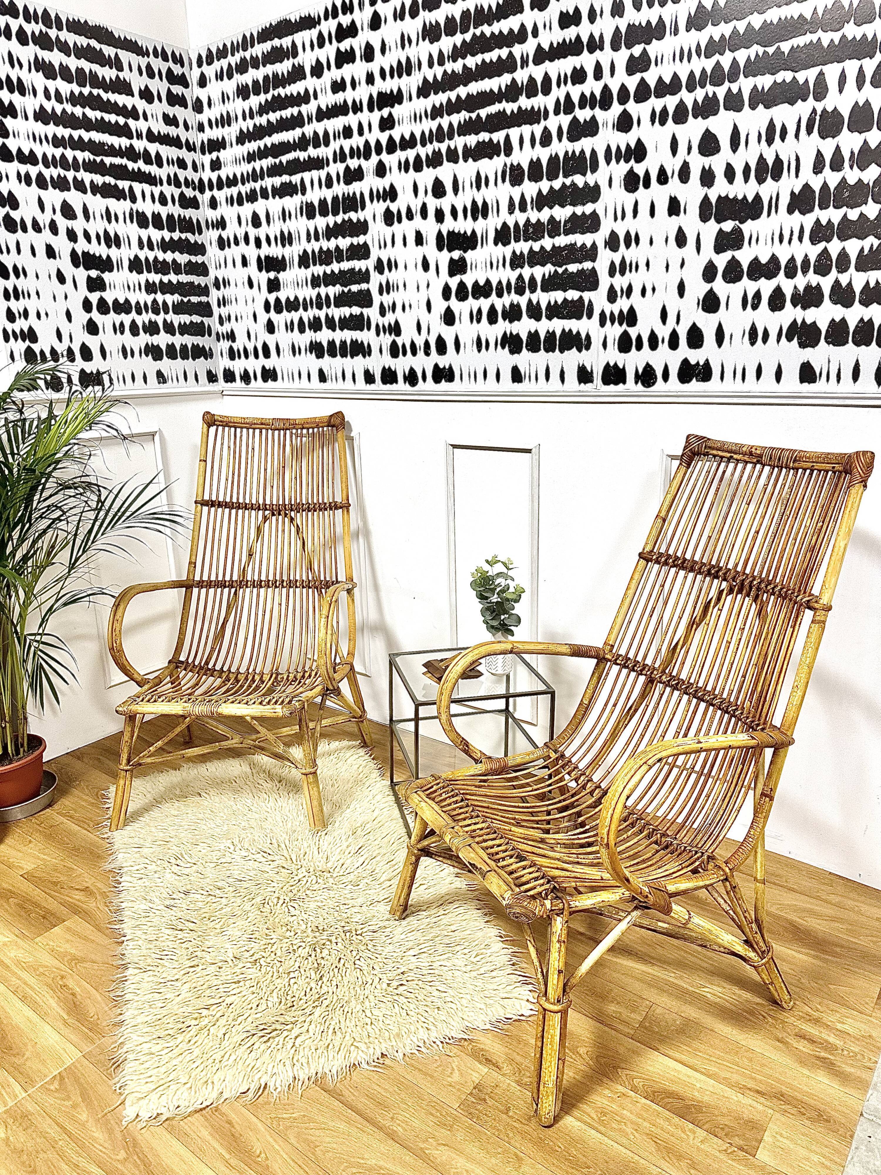 Pair vintage rattan armchairs