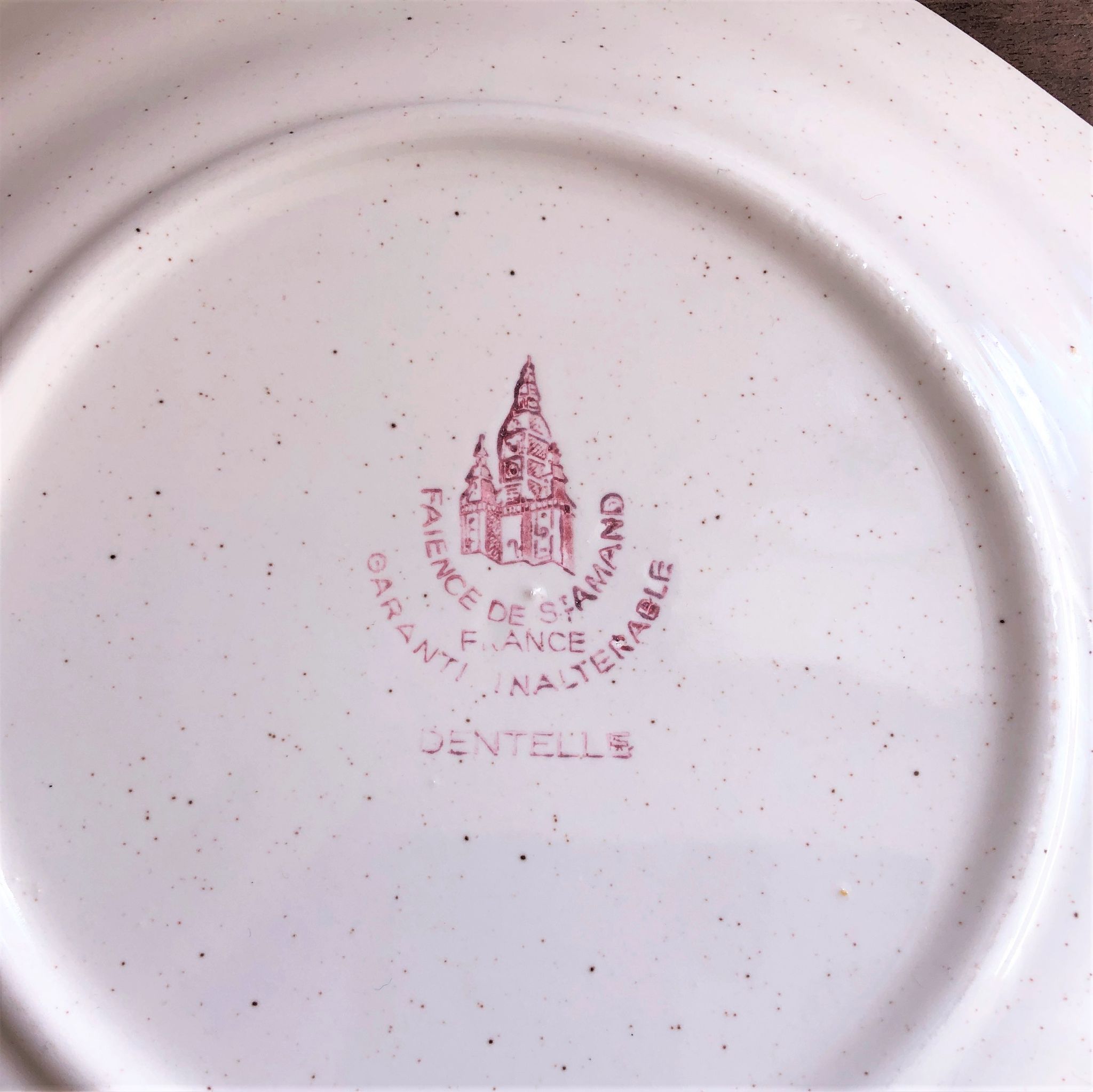 Old pink speckled beige dessert plate from the Dentelle St Amand collection