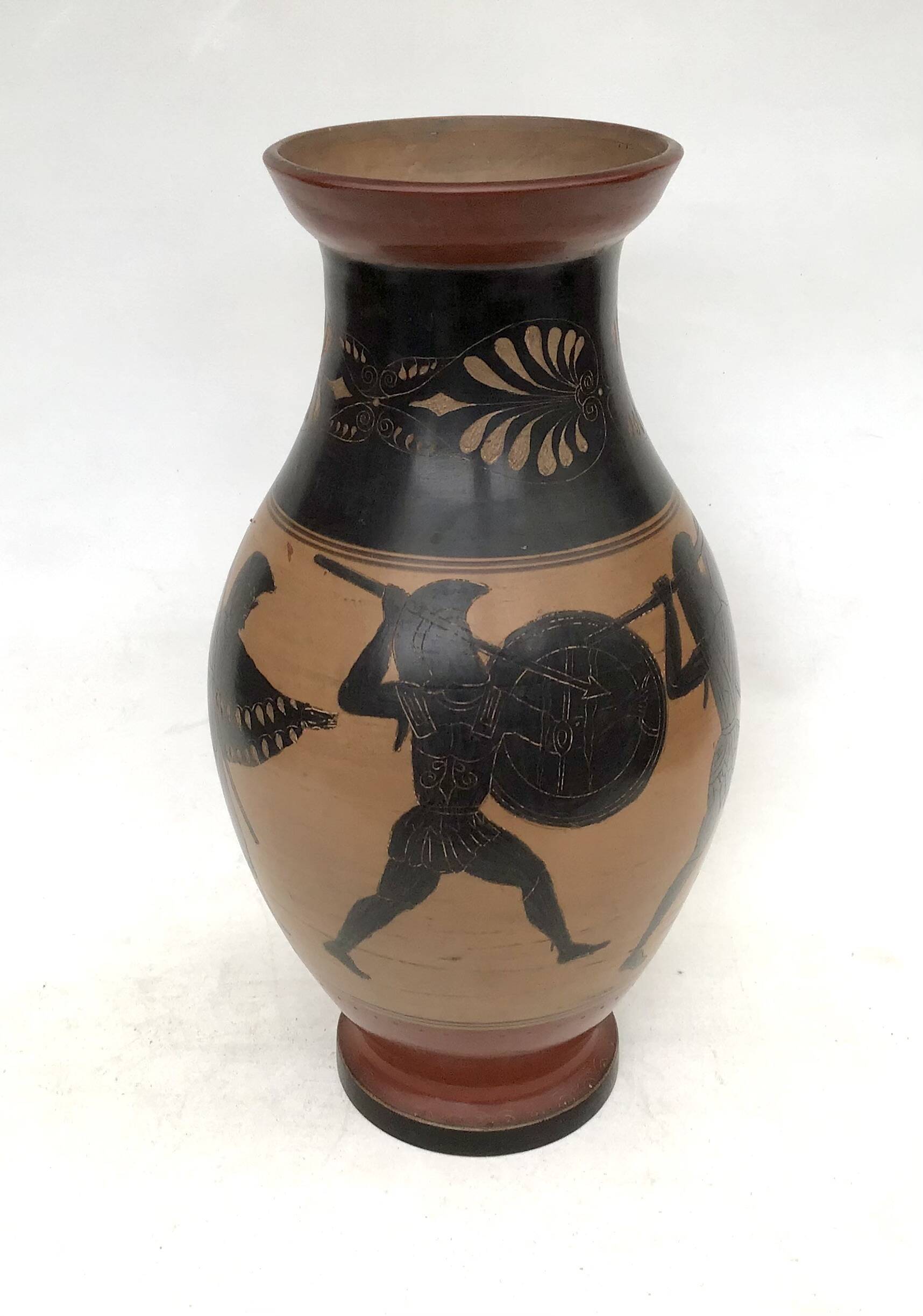 Reproduction of a Greek Attic-style black-figure vase depicting warriors